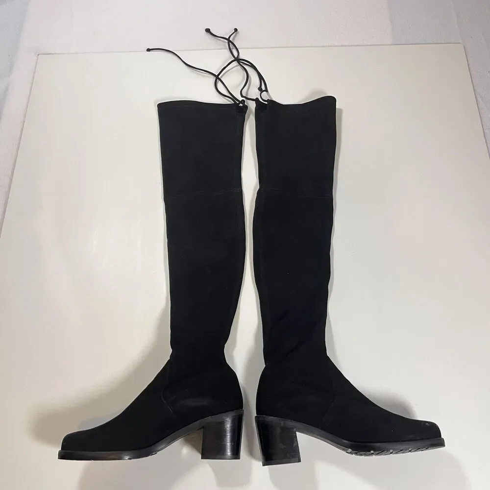 Stuart Weitzman Suede Tieland Boots 8 Black Over The Knee Chunky Block Heel